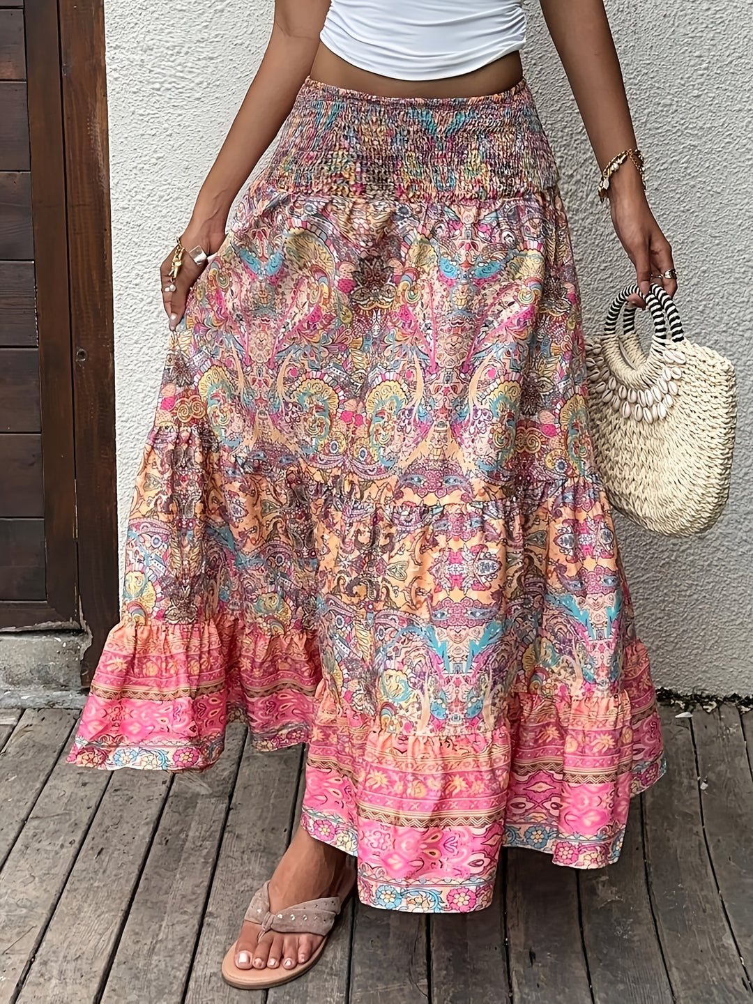 Sunset Paisley Maxi Skirt — Tiered Smocked Waist