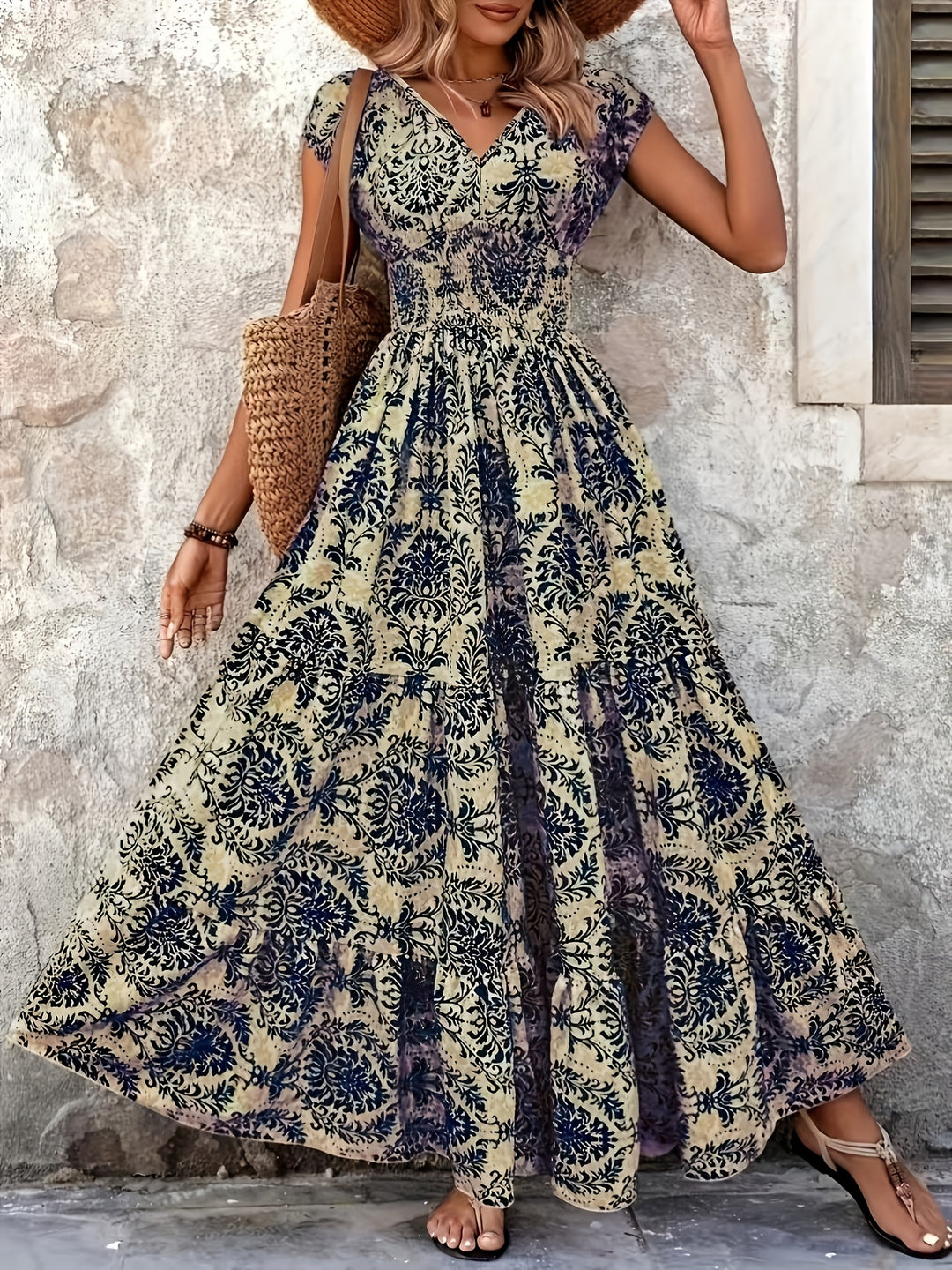 Heirloom Tile Maxi Dress — Vintage V-Neck Maxi