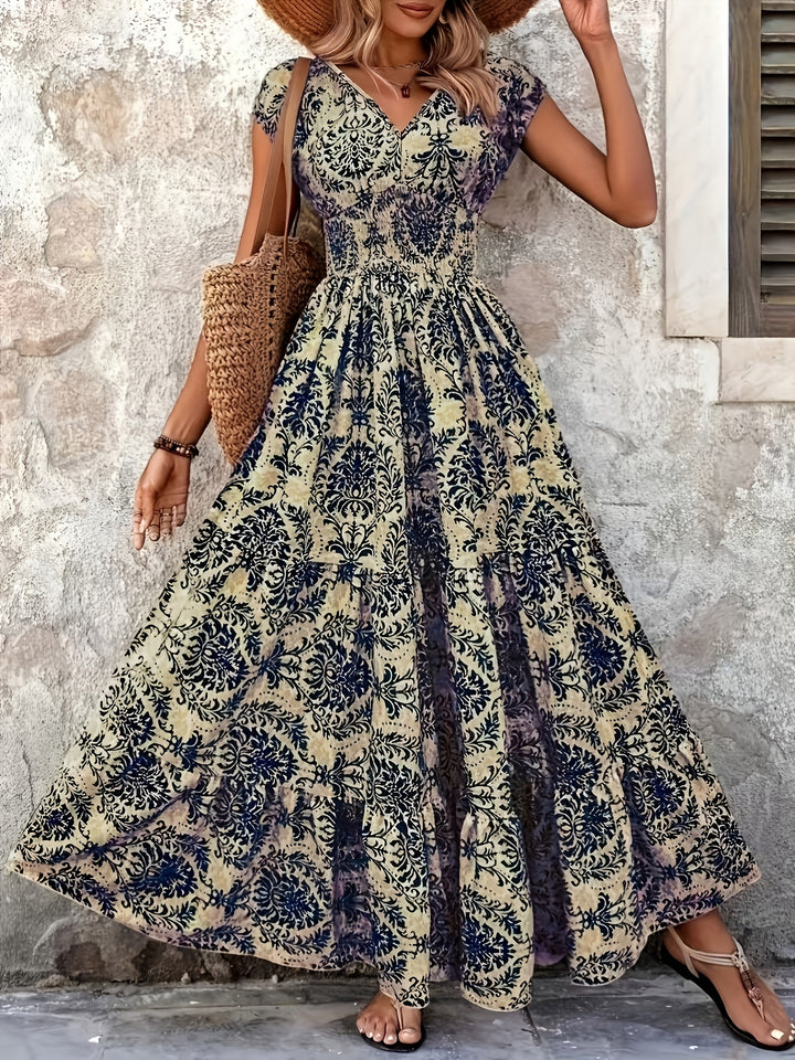 Heirloom Tile Maxi Dress — Vintage V-Neck Maxi