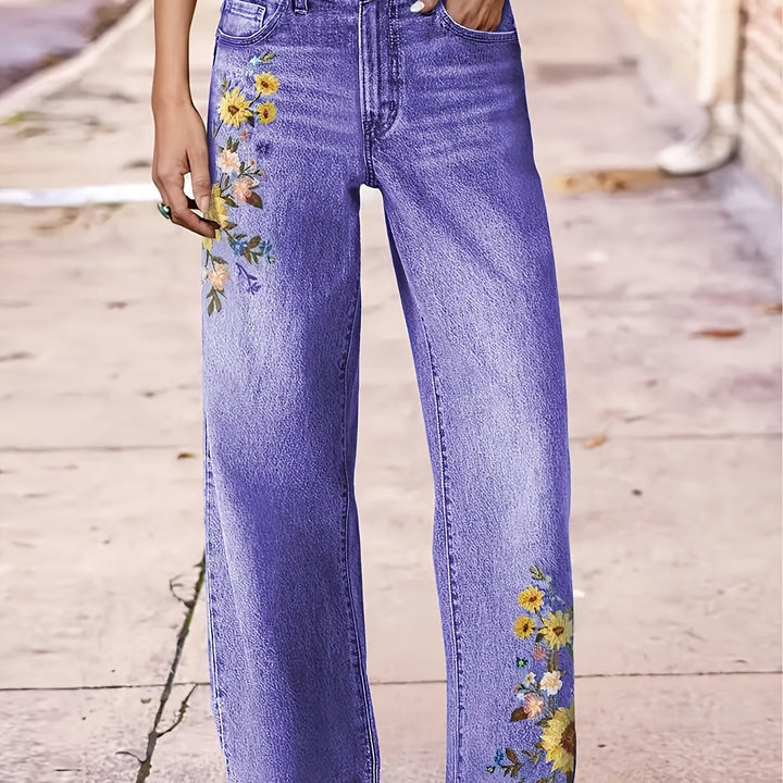 Embroidered High-Waisted Straight-Leg Jean