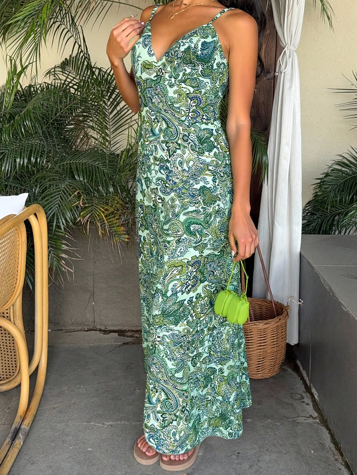 Coastal Paisley Slip Dress — Backless Maxi