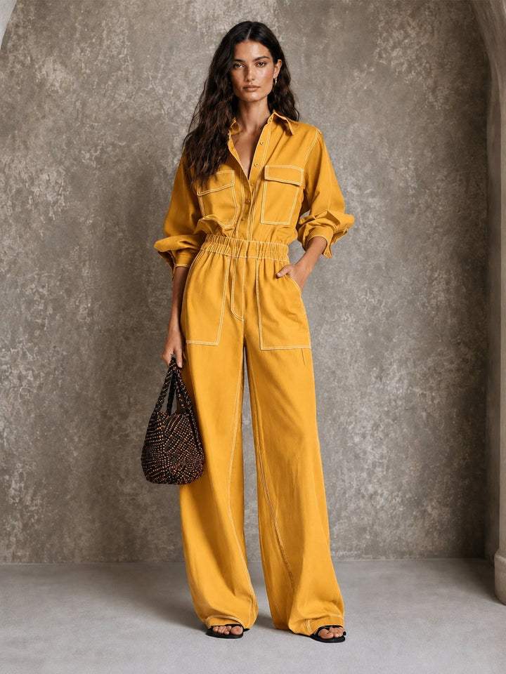 Contrast-Stitch Wide-Leg Utility Jumpsuit