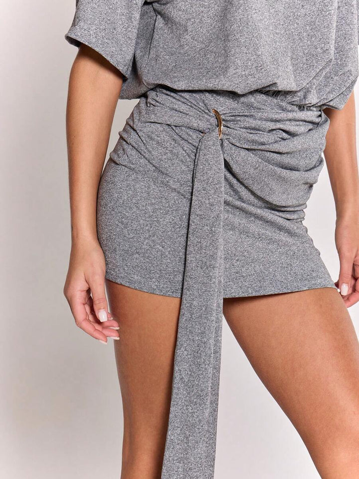 Romy Draped Mini Dress — Square-Shoulder Knot Detail