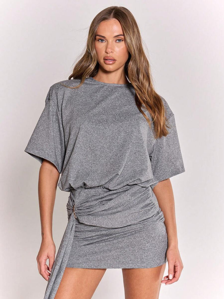 Romy Draped Mini Dress — Square-Shoulder Knot Detail