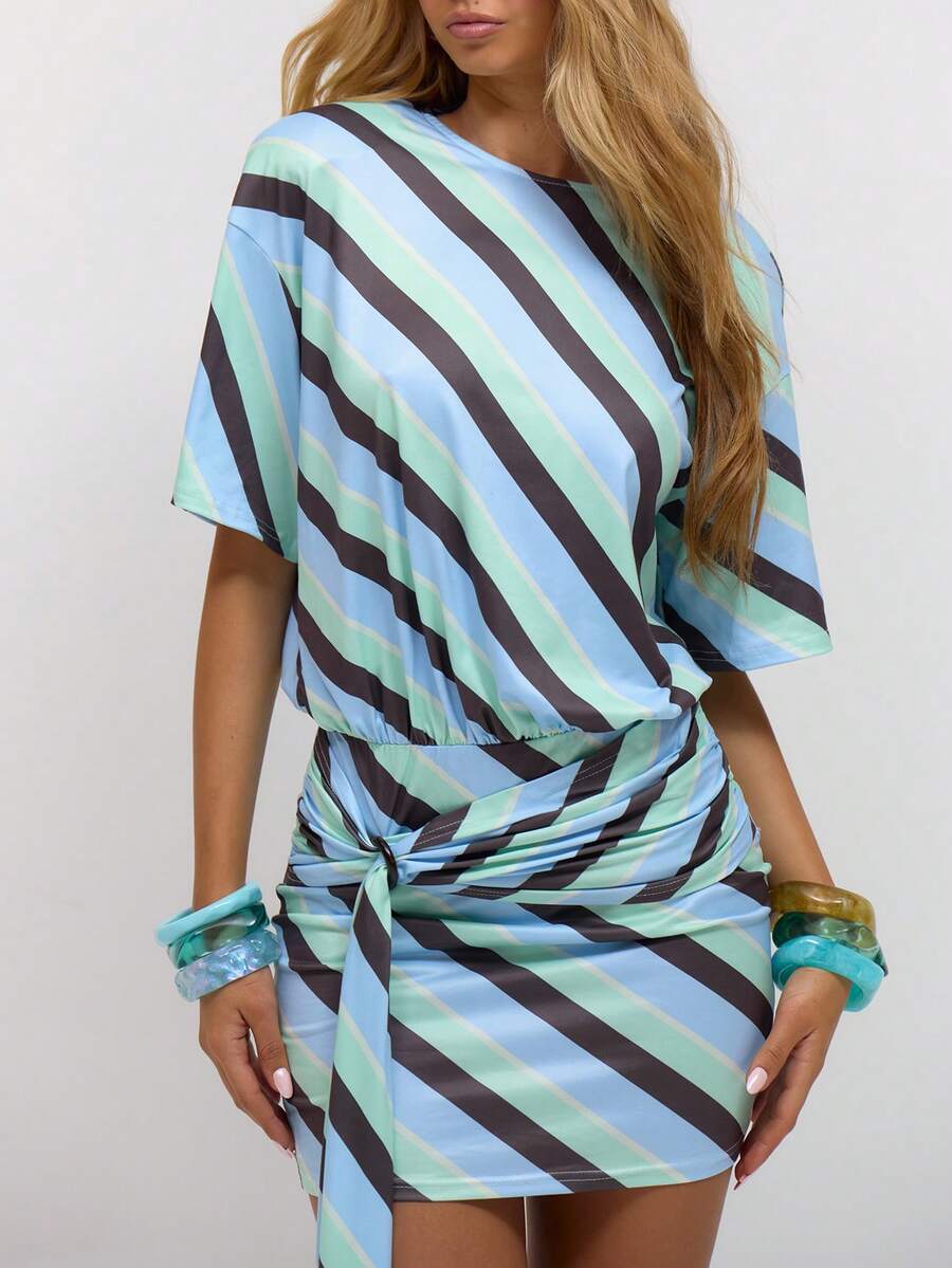 Romy Draped Mini Dress — Square-Shoulder Knot Detail
