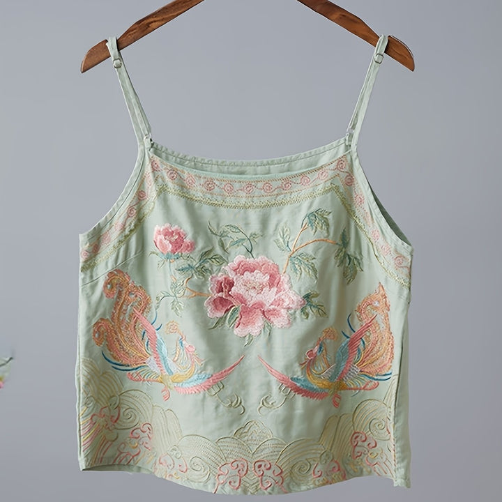 Retro Embroidered Cami — Vintage Floral Tank Top
