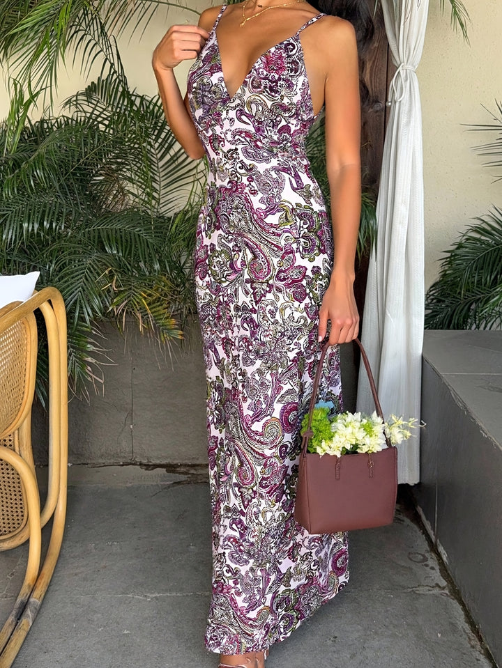 Coastal Paisley Slip Dress — Backless Maxi