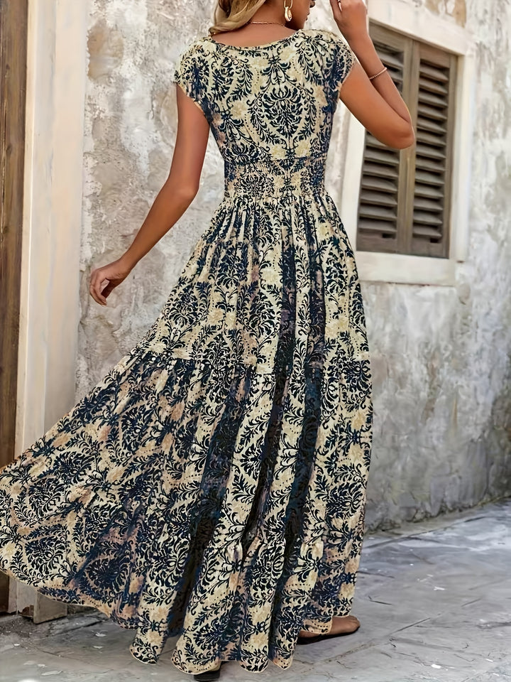 Heirloom Tile Maxi Dress — Vintage V-Neck Maxi