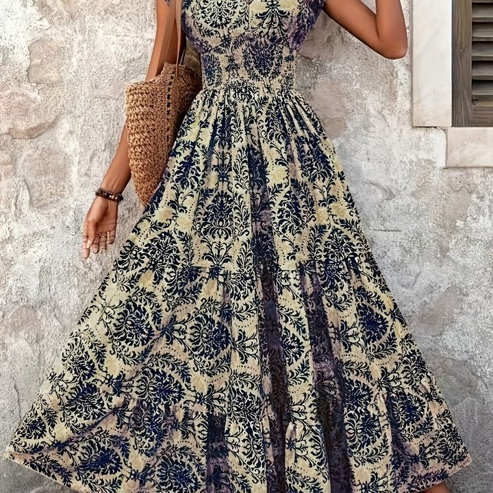 Heirloom Tile Maxi Dress — Vintage V-Neck Maxi