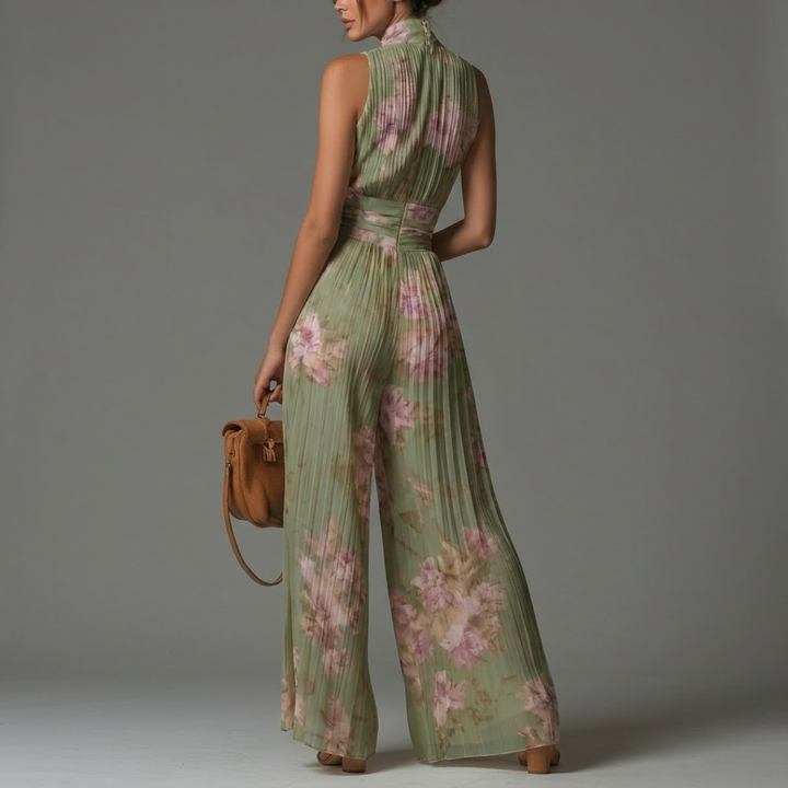 Pleated Floral Chiffon Jumpsuit