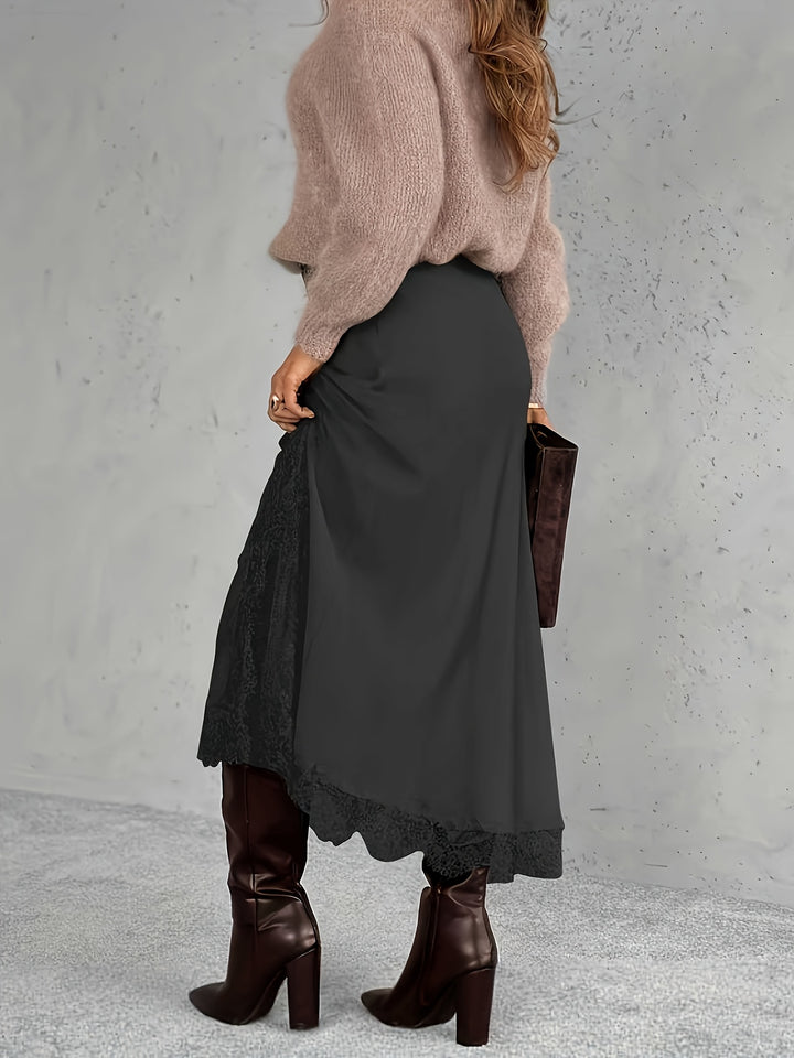 Satin Lace Midi Skirt — Elegant Romantic Skirt