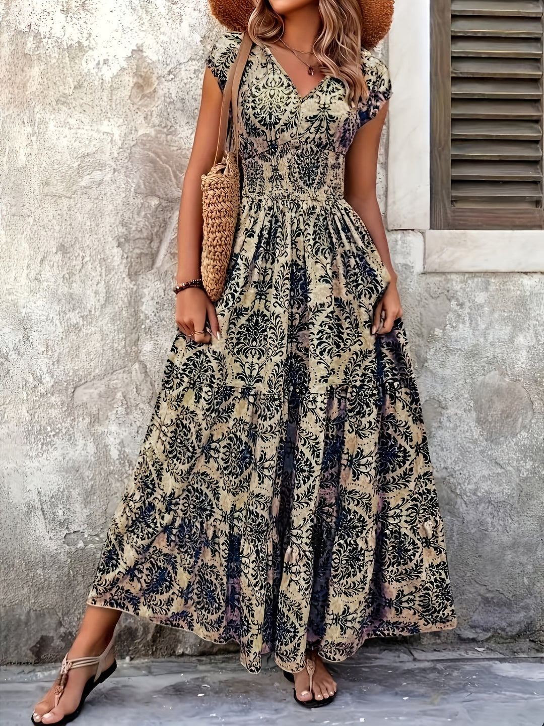 Heirloom Tile Maxi Dress — Vintage V-Neck Maxi