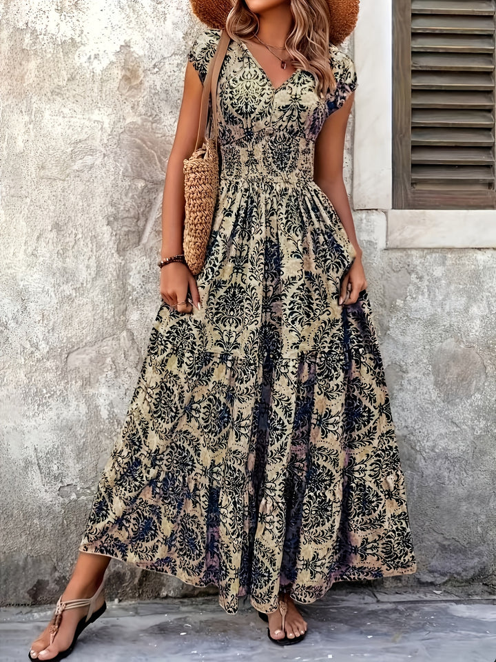 Heirloom Tile Maxi Dress — Vintage V-Neck Maxi