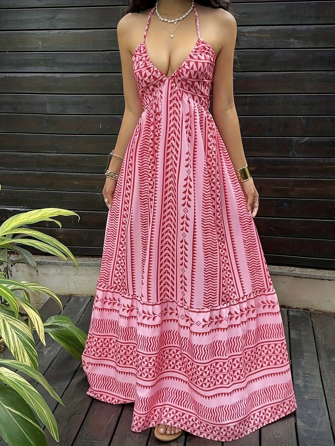 The Pink Boho Halter Maxi Dress