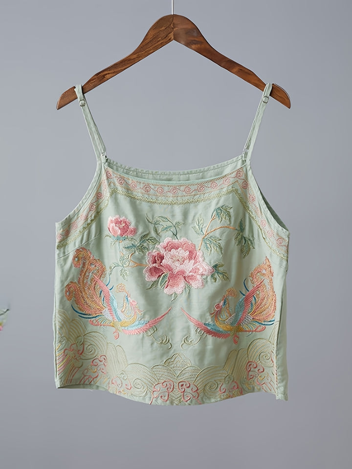 Retro Embroidered Cami — Vintage Floral Tank Top