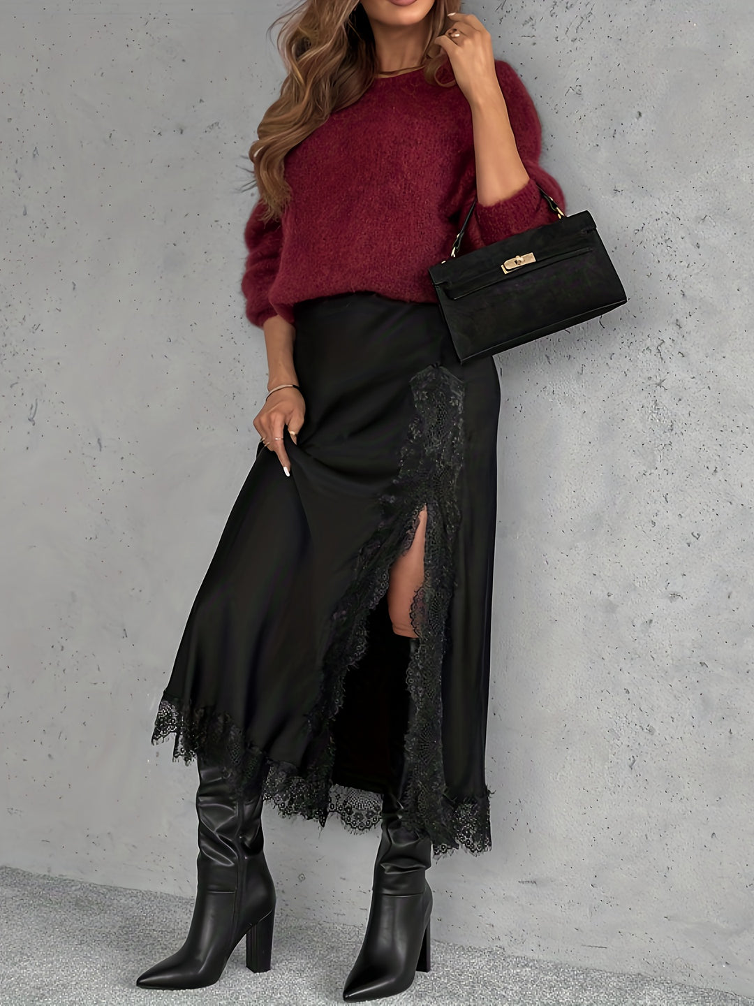 Satin Lace Midi Skirt — Elegant Romantic Skirt