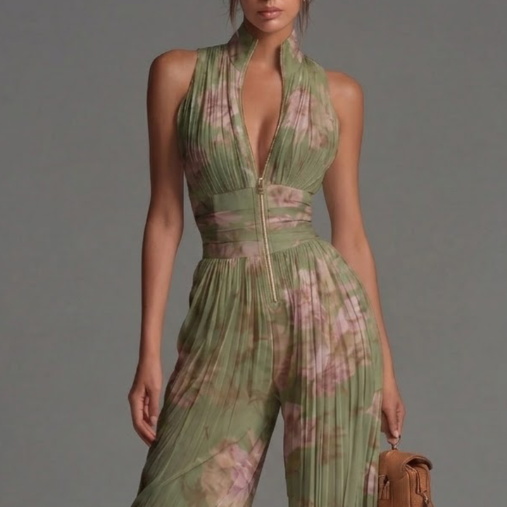 Pleated Floral Chiffon Jumpsuit