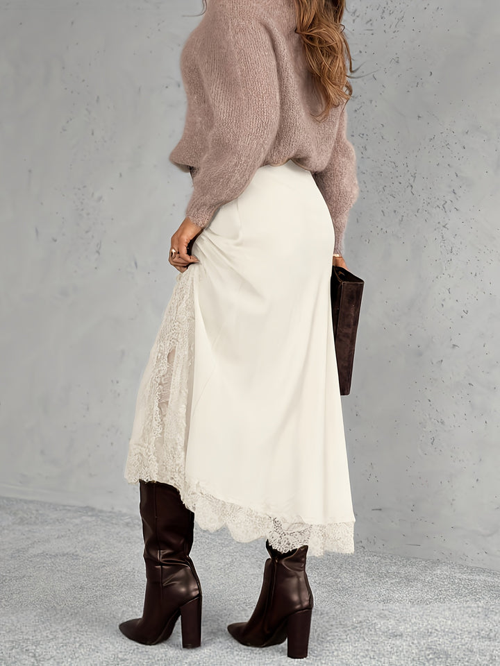 Satin Lace Midi Skirt — Elegant Romantic Skirt