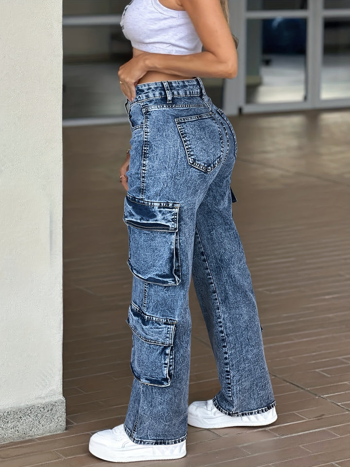 The Utility Multi-Pocket Straight-Leg Jean by Mila and June in heavy-wash denim