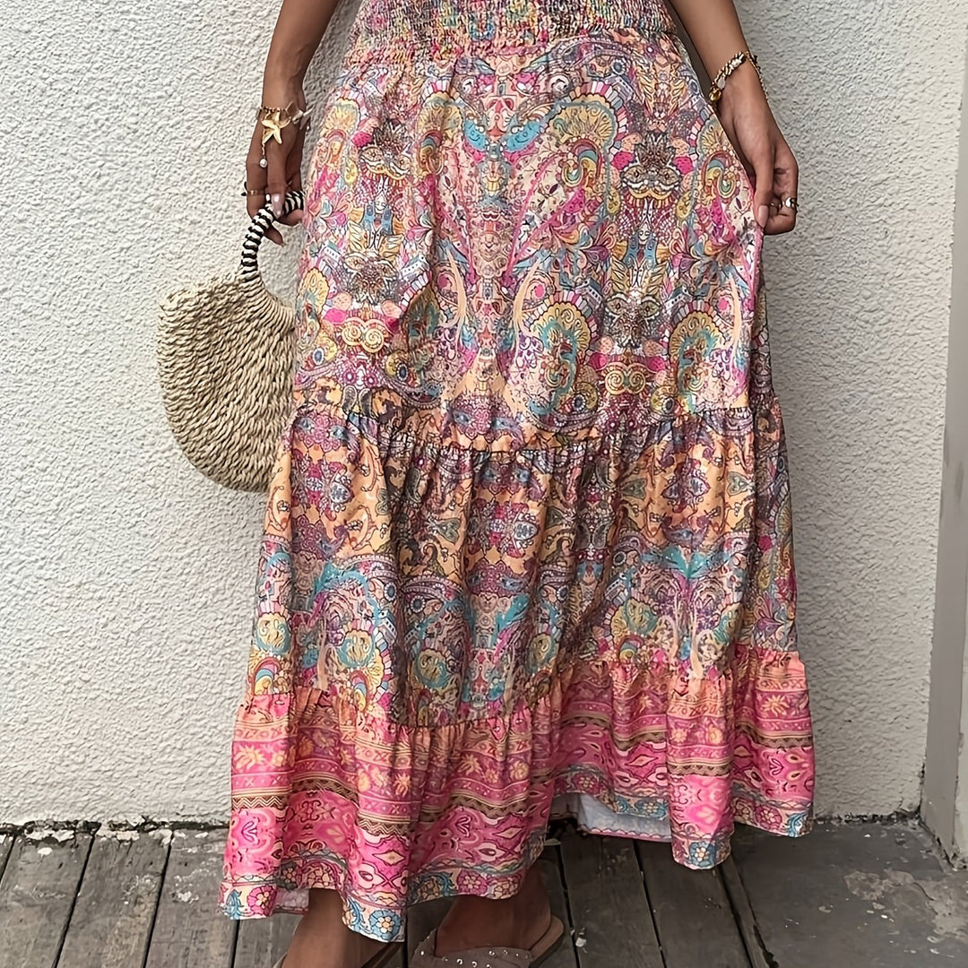 Sunset Paisley Maxi Skirt — Tiered Smocked Waist