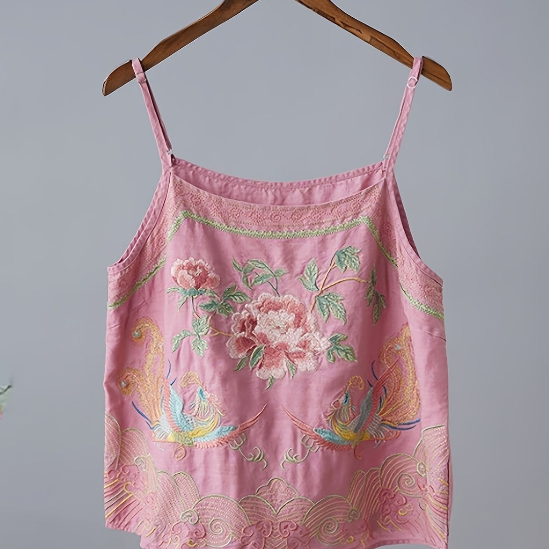 Retro Embroidered Cami — Vintage Floral Tank Top