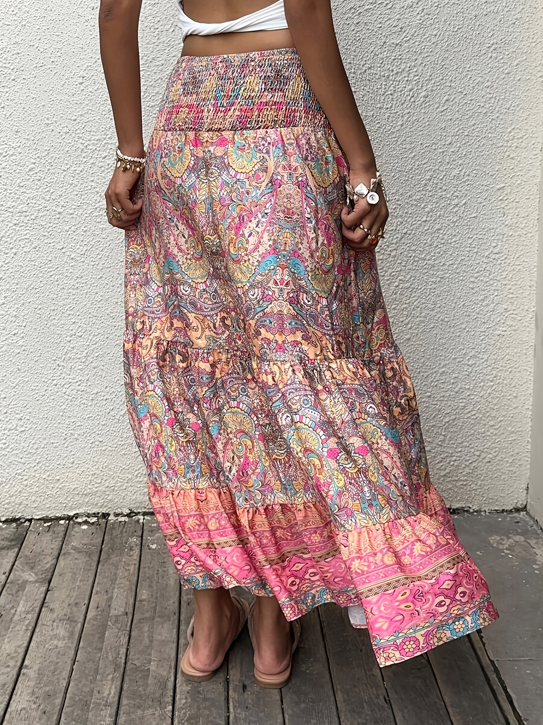 Sunset Paisley Maxi Skirt — Tiered Smocked Waist