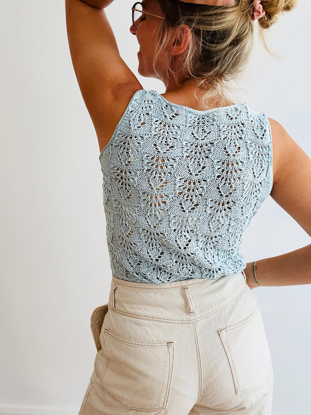 Light Blue Crochet Pullover — Refined Knit Top