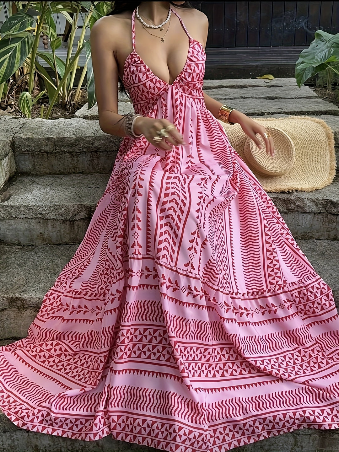 The Pink Boho Halter Maxi Dress