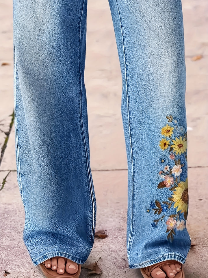 Embroidered High-Waisted Straight-Leg Jean