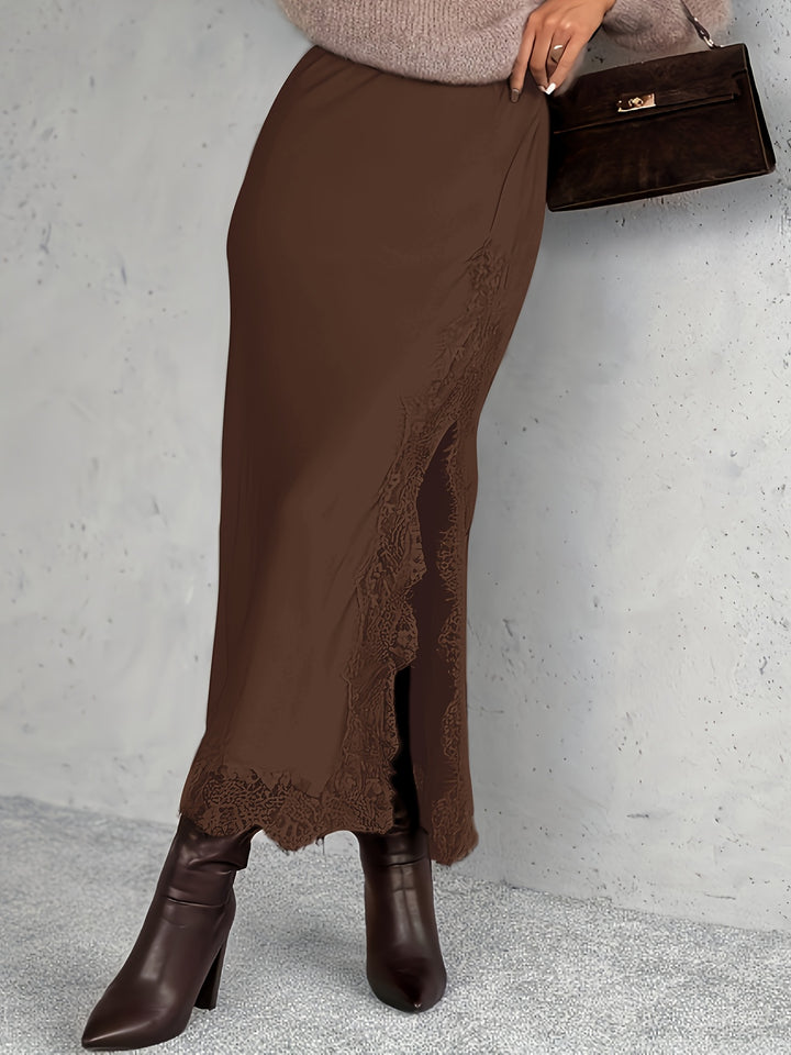 Satin Lace Midi Skirt — Elegant Romantic Skirt