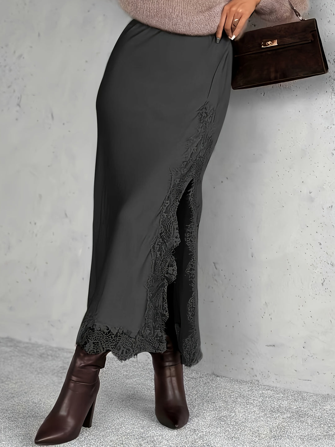 Satin Lace Midi Skirt — Elegant Romantic Skirt