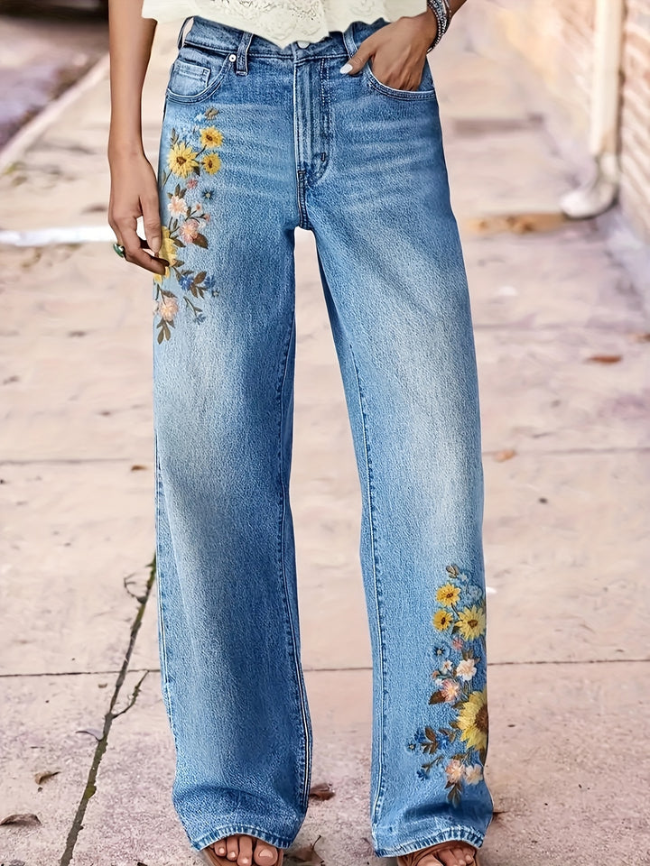 Embroidered high-waisted straight-leg jean by Mila and June with floral pocket detail