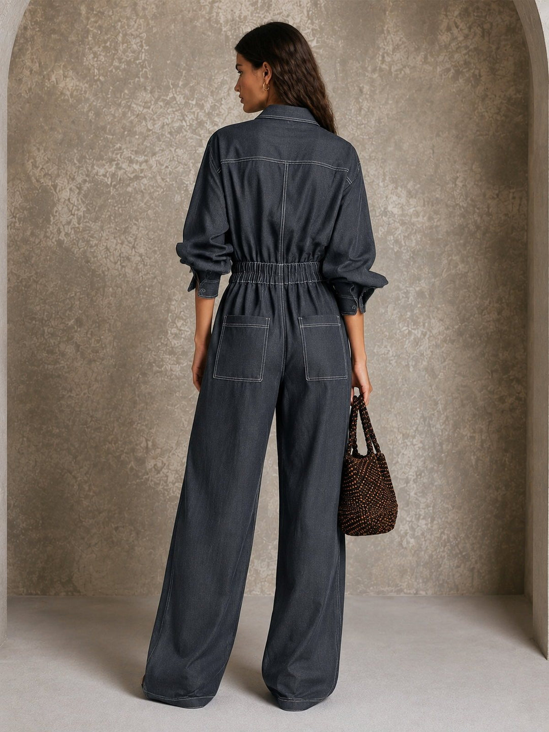 Contrast-Stitch Wide-Leg Utility Jumpsuit