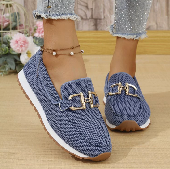 The Krislyn Loafer Sneaker by Mila and June — hybrid loafer-sneaker with orthopedic cushioning and gold bit detail