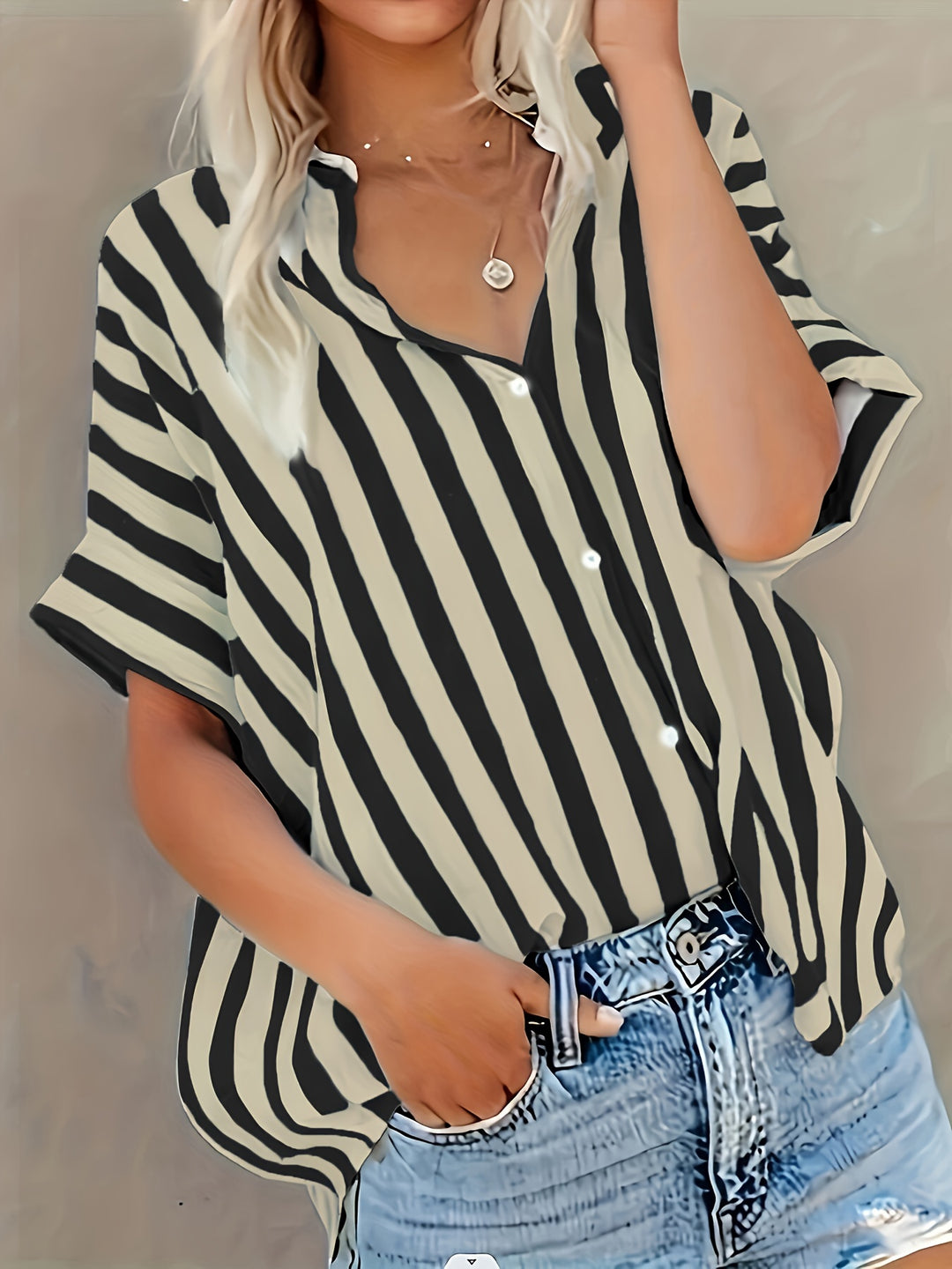 The Striped Stand-Collar Blouse