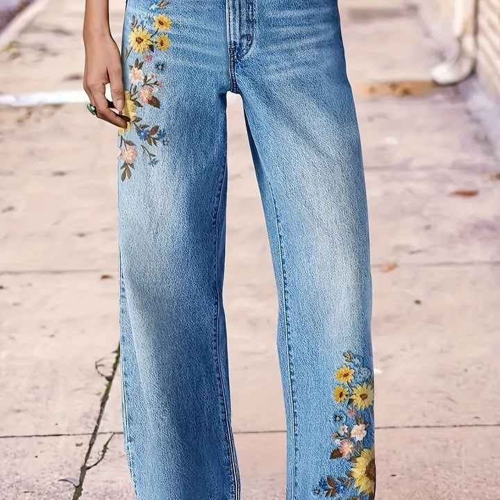 Embroidered High-Waisted Straight-Leg Jean
