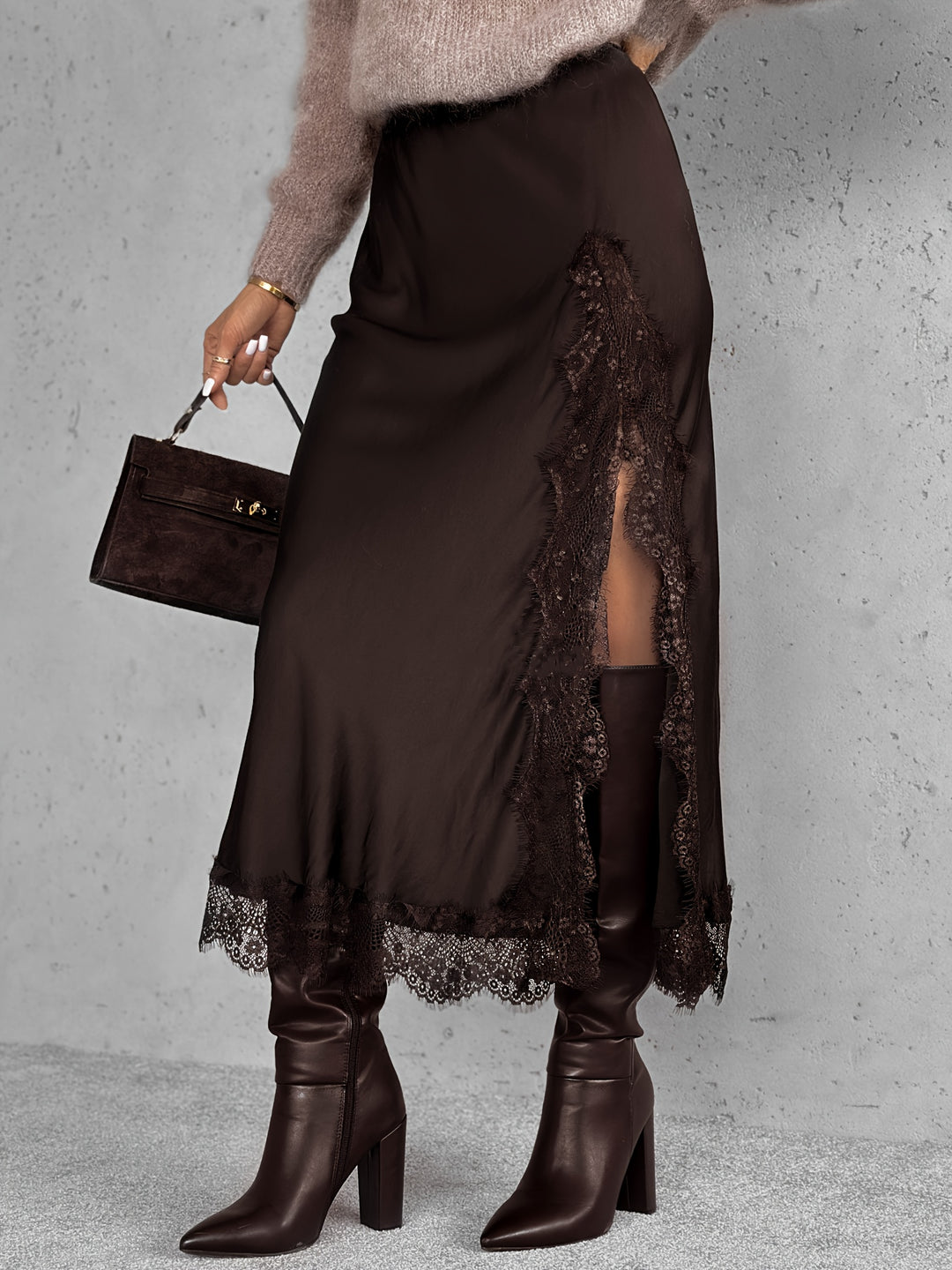 Satin Lace Midi Skirt — Elegant Romantic Skirt