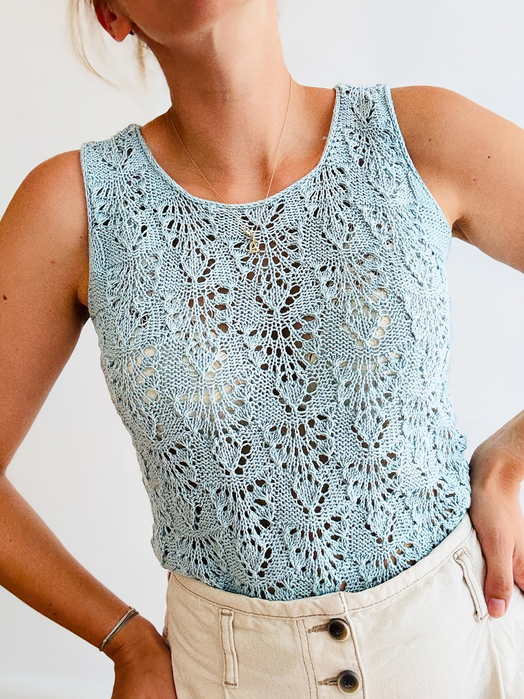 Light Blue Crochet Pullover — Refined Knit Top