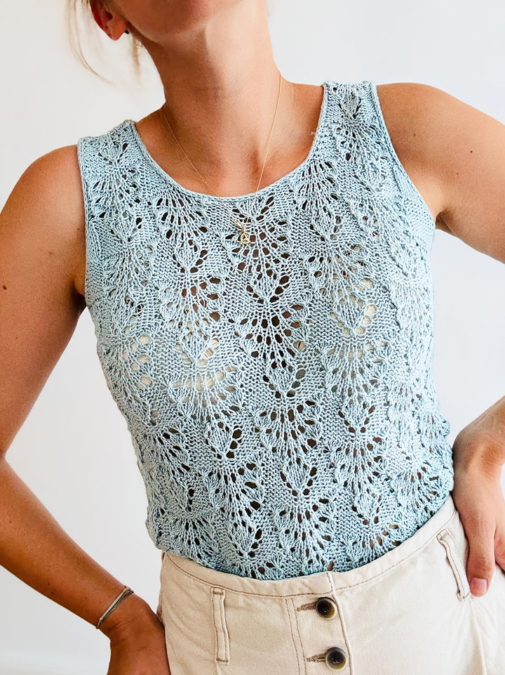 Light Blue Crochet Pullover — Refined Knit Top