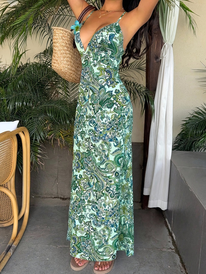 Coastal Paisley Slip Dress — Backless Maxi