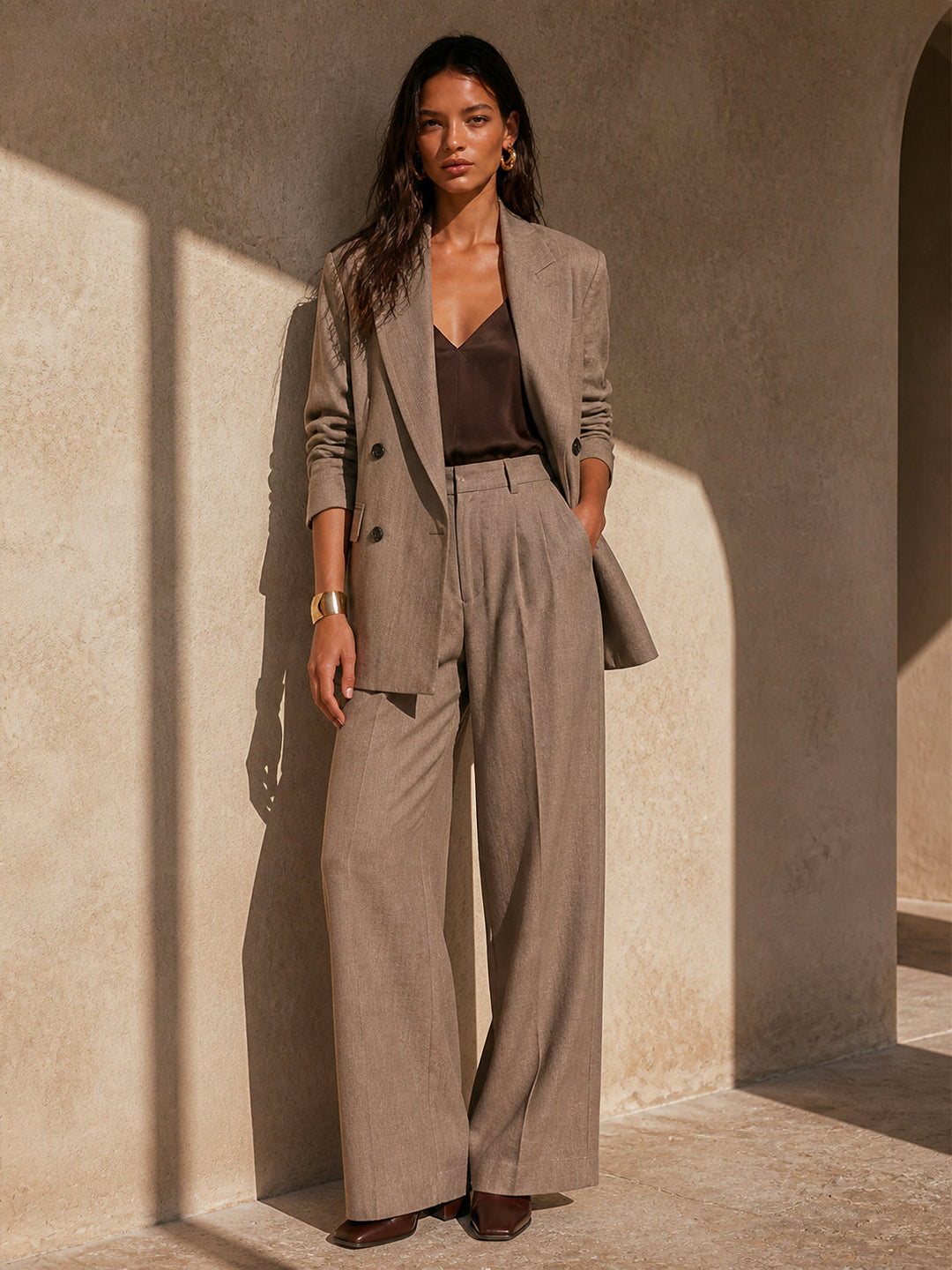 Double-breasted blazer and wide-leg trouser set in cotton-blend tweed by Mila and June