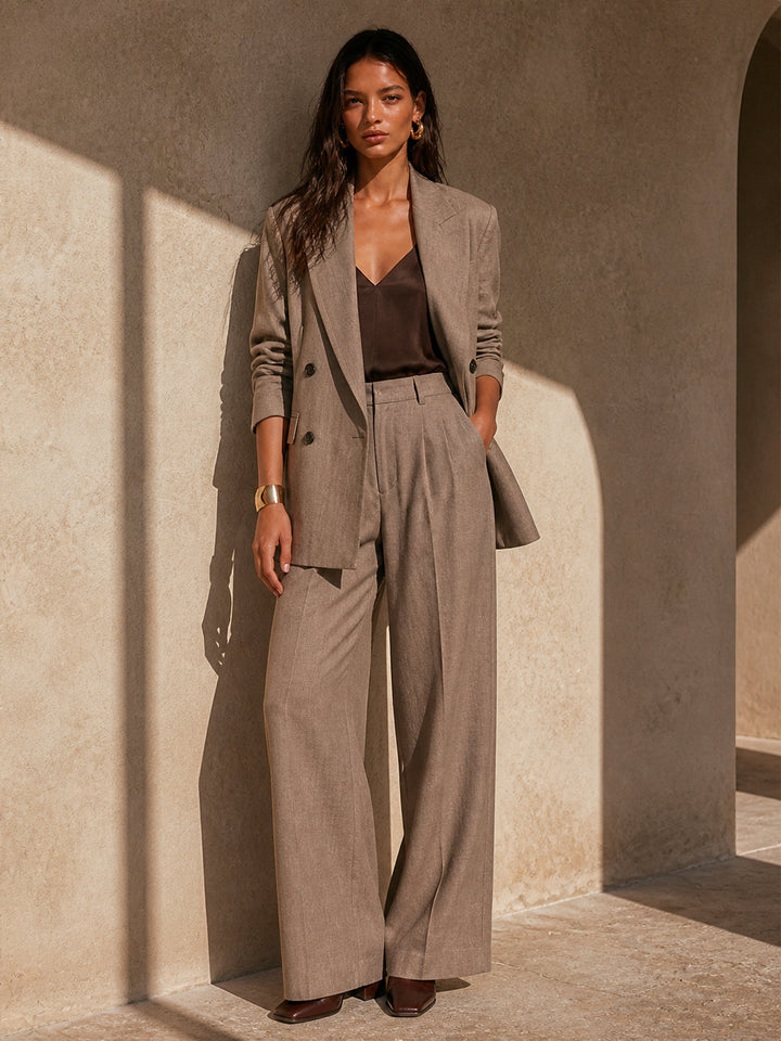 Double-breasted blazer and wide-leg trouser set in cotton-blend tweed by Mila and June