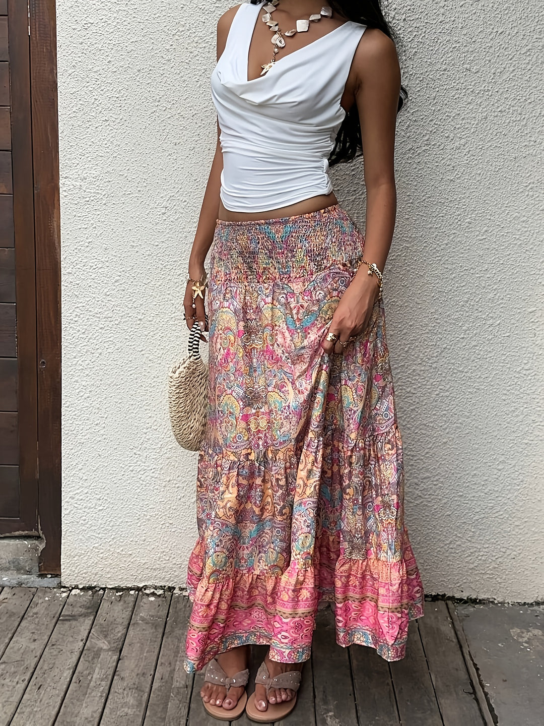 Sunset Paisley Maxi Skirt — Tiered Smocked Waist