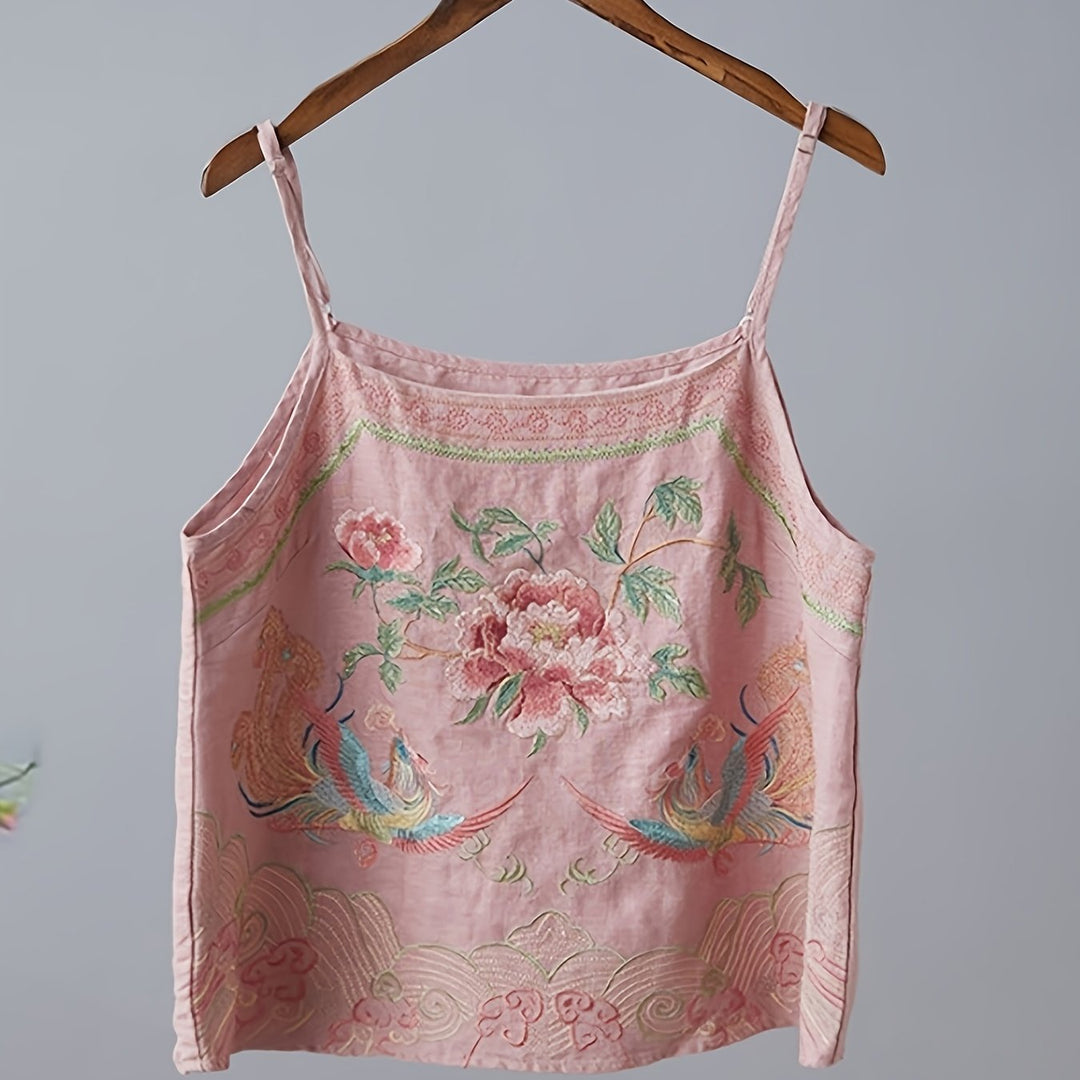 Retro Embroidered Cami — Vintage Floral Tank Top