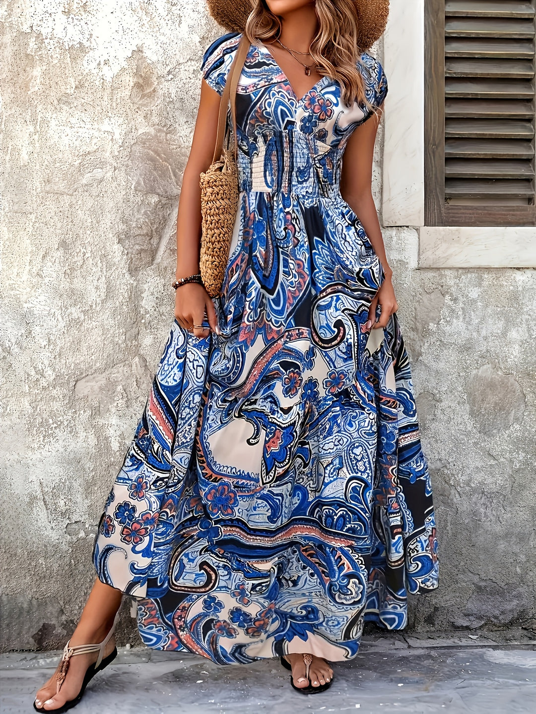 Heirloom Tile Maxi Dress — Vintage V-Neck Maxi