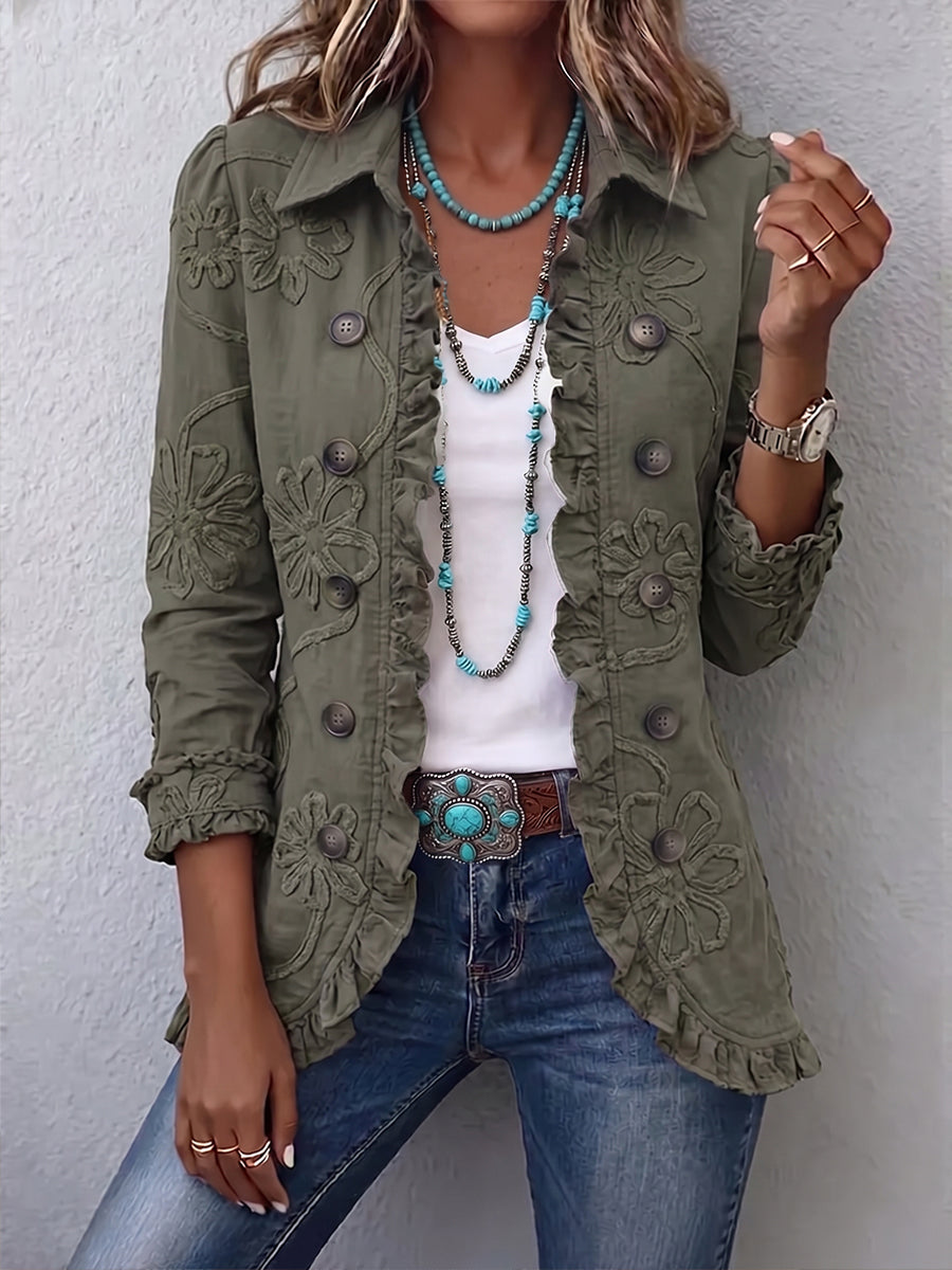 The Kamberly Embroidered Jacket by Mila and June in soft moss green with tonal floral embroidery and ruffled trim