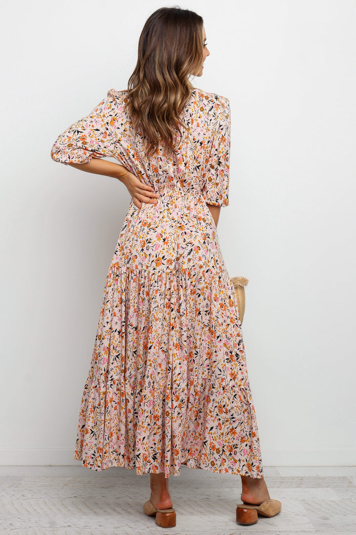 Kelda Floral Maxi Dress — Romantic Tiered V-Neck