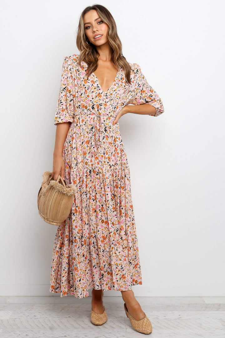 Kelda Floral Maxi Dress — Romantic Tiered V-Neck