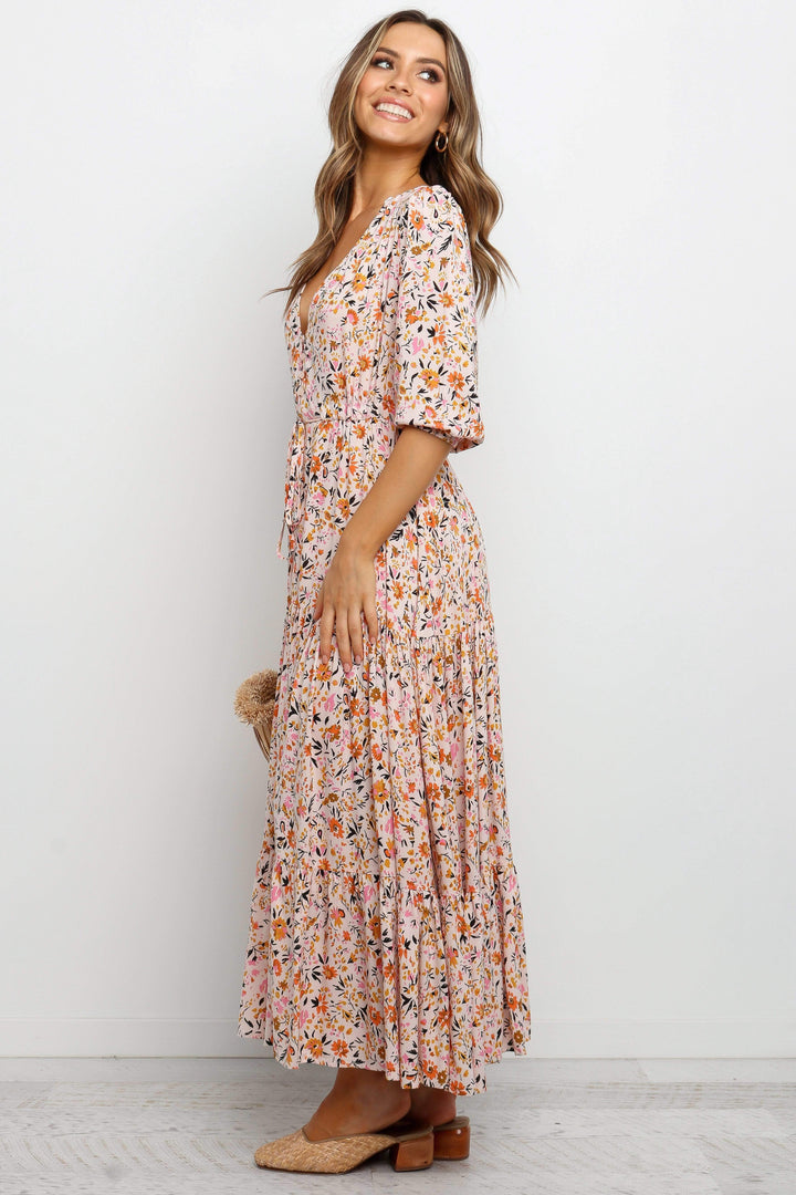 Kelda Floral Maxi Dress — Romantic Tiered V-Neck