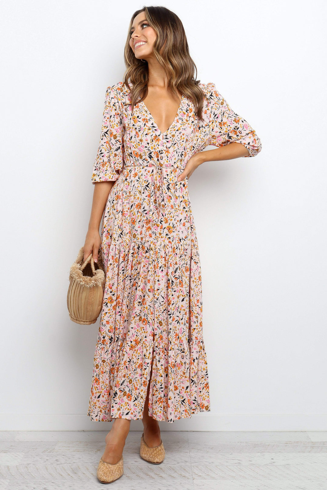 Kelda Floral Maxi Dress — Romantic Tiered V-Neck